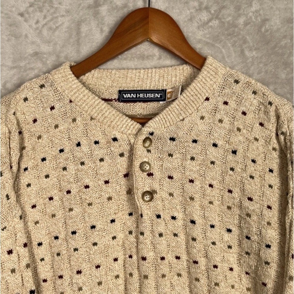 Vintage Mens Grandpa Sweater Van Heusen Henley XL Birds Eye Squares Dots 90s USA - Picture 4 of 10